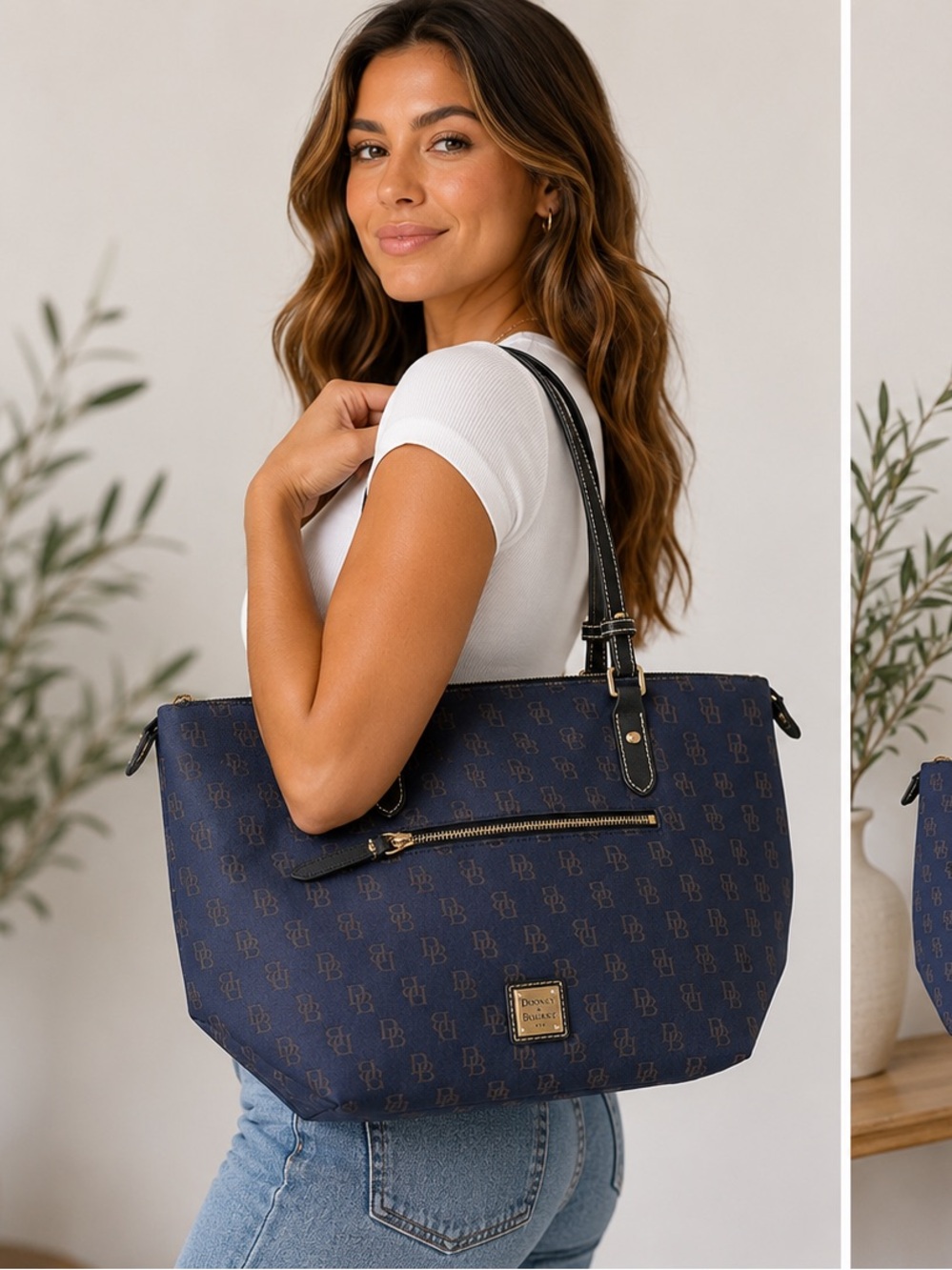 Dooney & Bourke Navy Signature Canvas Tote Bag Leather Trim Large Zip Top